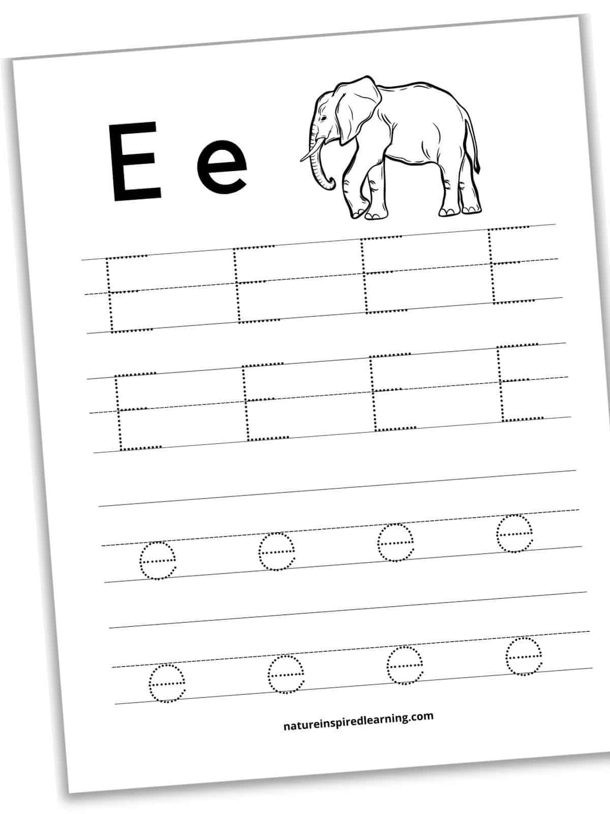 Worksheet with traceable capital and lowercase letter E's. Two lines with four capital E's on each and two lines with four lowercase letter e's on each. E and e in bold across the top with a black and white image of an elephant. Printable slanted with a drop shadow.