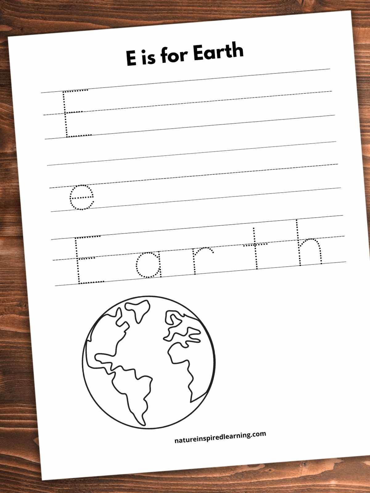 Worksheet with E is for Earth across the top with traceable uppercase E with lines, traceable lowercase e with lines, and Earth written in a traceable font. A black and white image of Earth on the bottom half of the printable with white space.