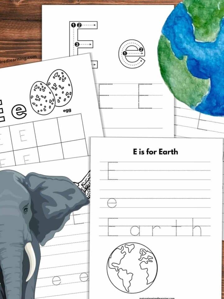 Collection of 5 letter E tracing worksheets overlapping each other on a wooden background with an elephant bottom left and Earth upper right.