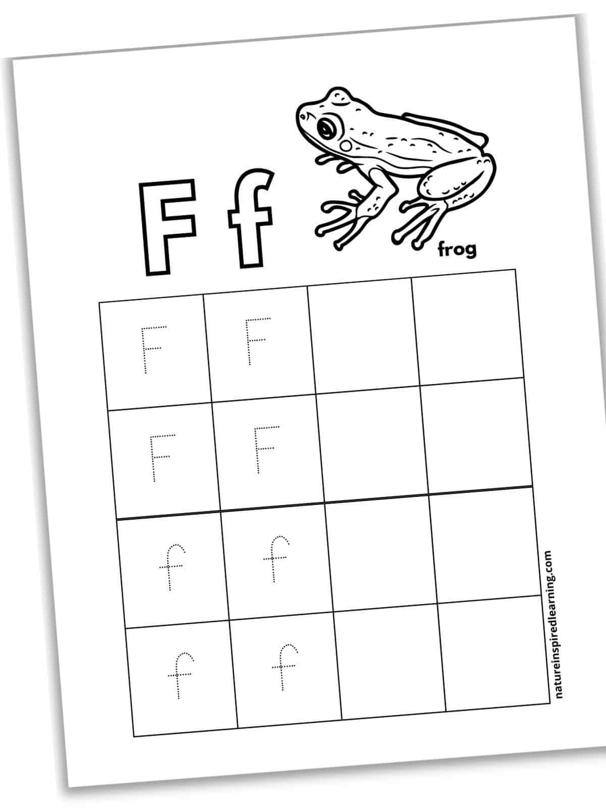 Printable with outlines of F f and a black and white frog across the top. Set of boxes, four with capital F, four with lowercase f, and eight blank boxes to the right of the letters. Worksheet slanted with a drop shadow.