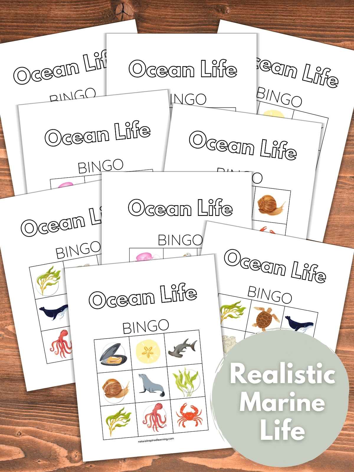 nine printable bingo game sheets with images of ocean animals and plants overlapping on a wooden back gorund. Gray circle bottom right with text overlay.