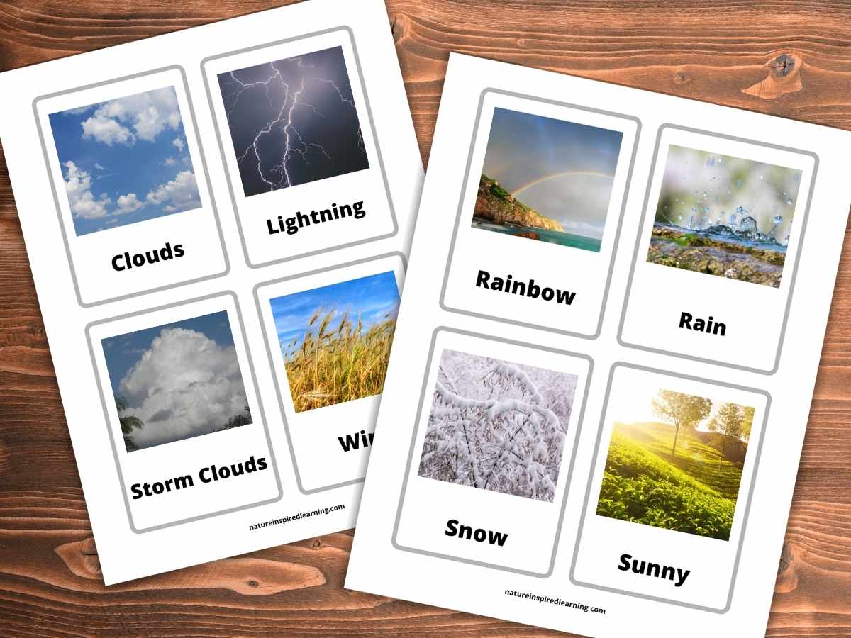 8 printable weather flashcards with real life photographs of clouds, lightning, storm clouds, wind, rainbow, rain, snow, and sunny overlapping on a wooden background