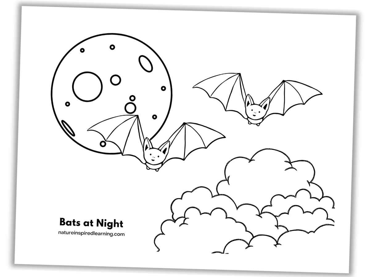 black and white printable with two bat flying with a full moon and clouds.