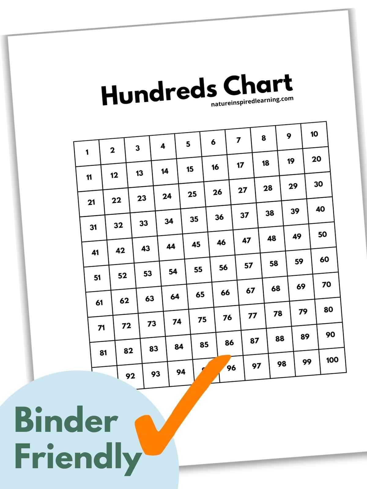 black and white hundreds chart with a title across the top of the sheet. Printable slanted with a light blue circle on top of the sheet with text overlay and an orange check mark bottom left corner.