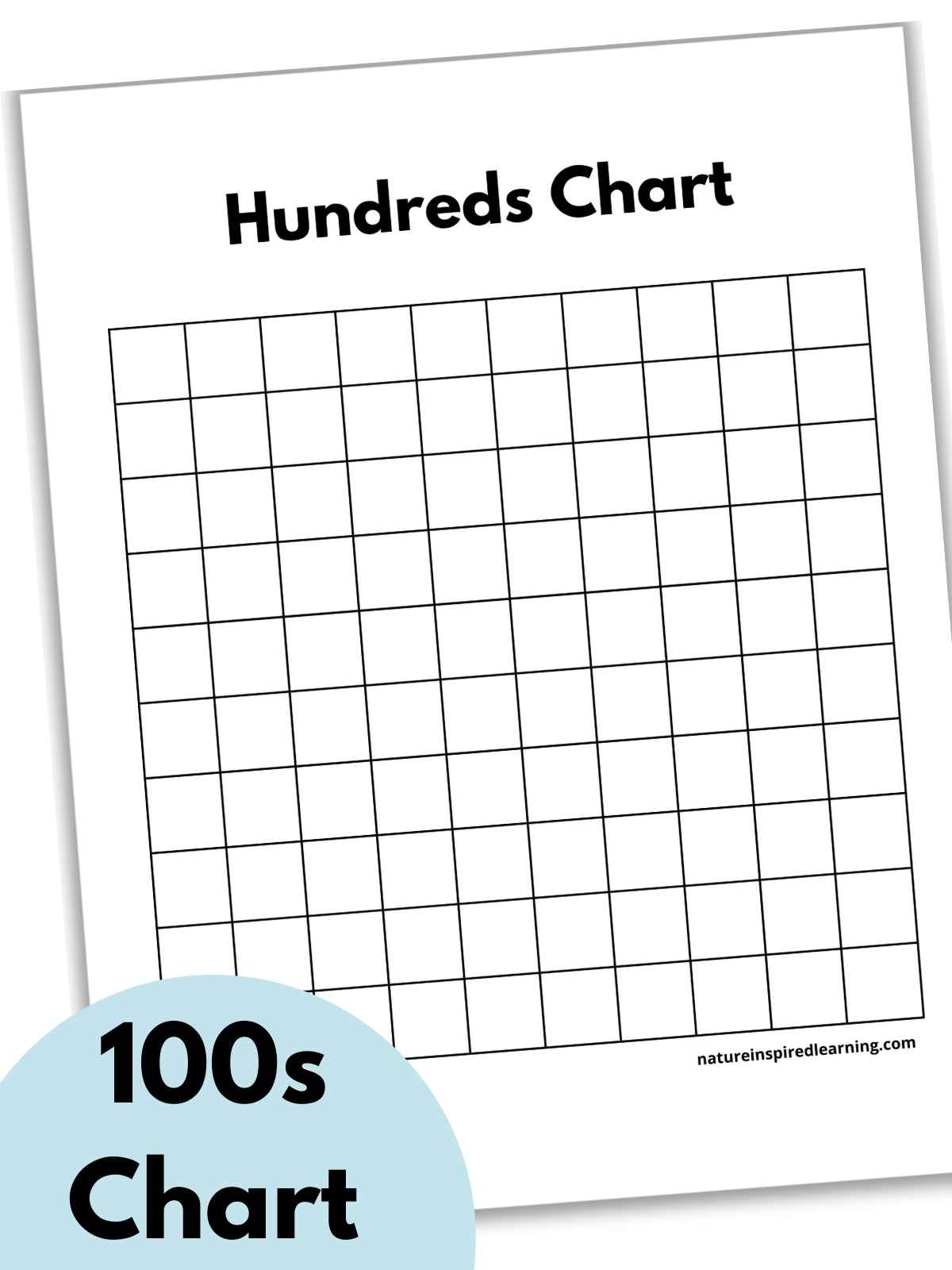 black and white blank hundreds chart with a title across the top of the sheet. Printable slanted with a light blue circle on top of the sheet with text overlay bottom left corner.