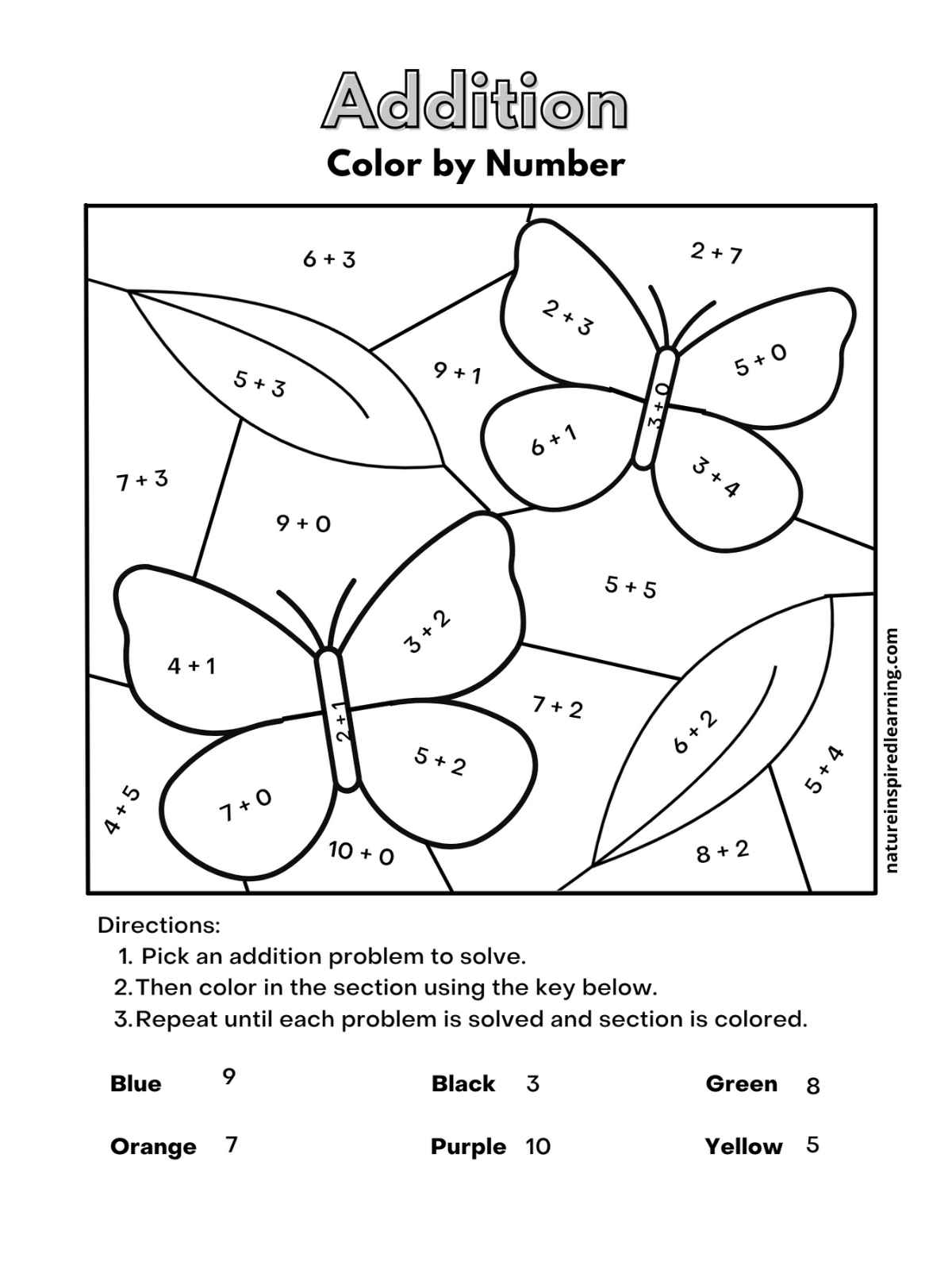 Worksheet with color by number single digit addition with butterflies and leaves.