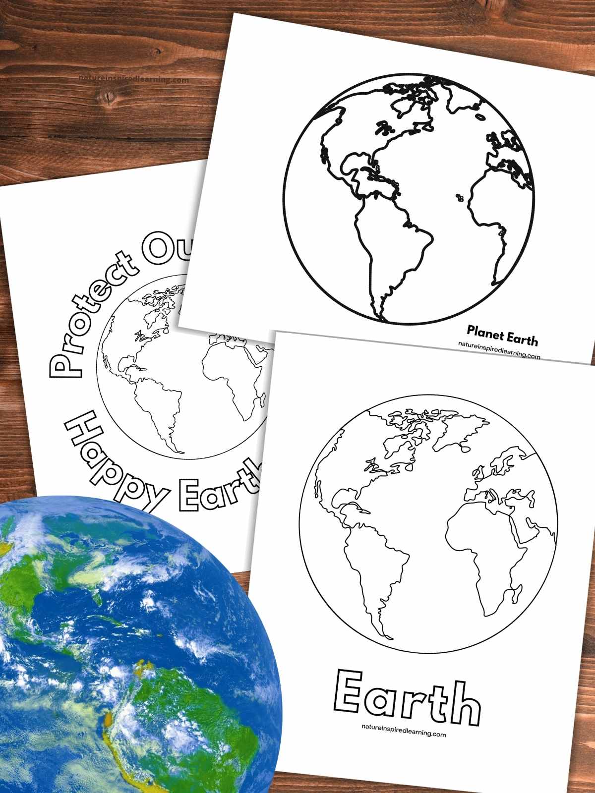 Three black and white coloring pages with Earth and text overlapping on a wooden background with a colorful earth bottom left