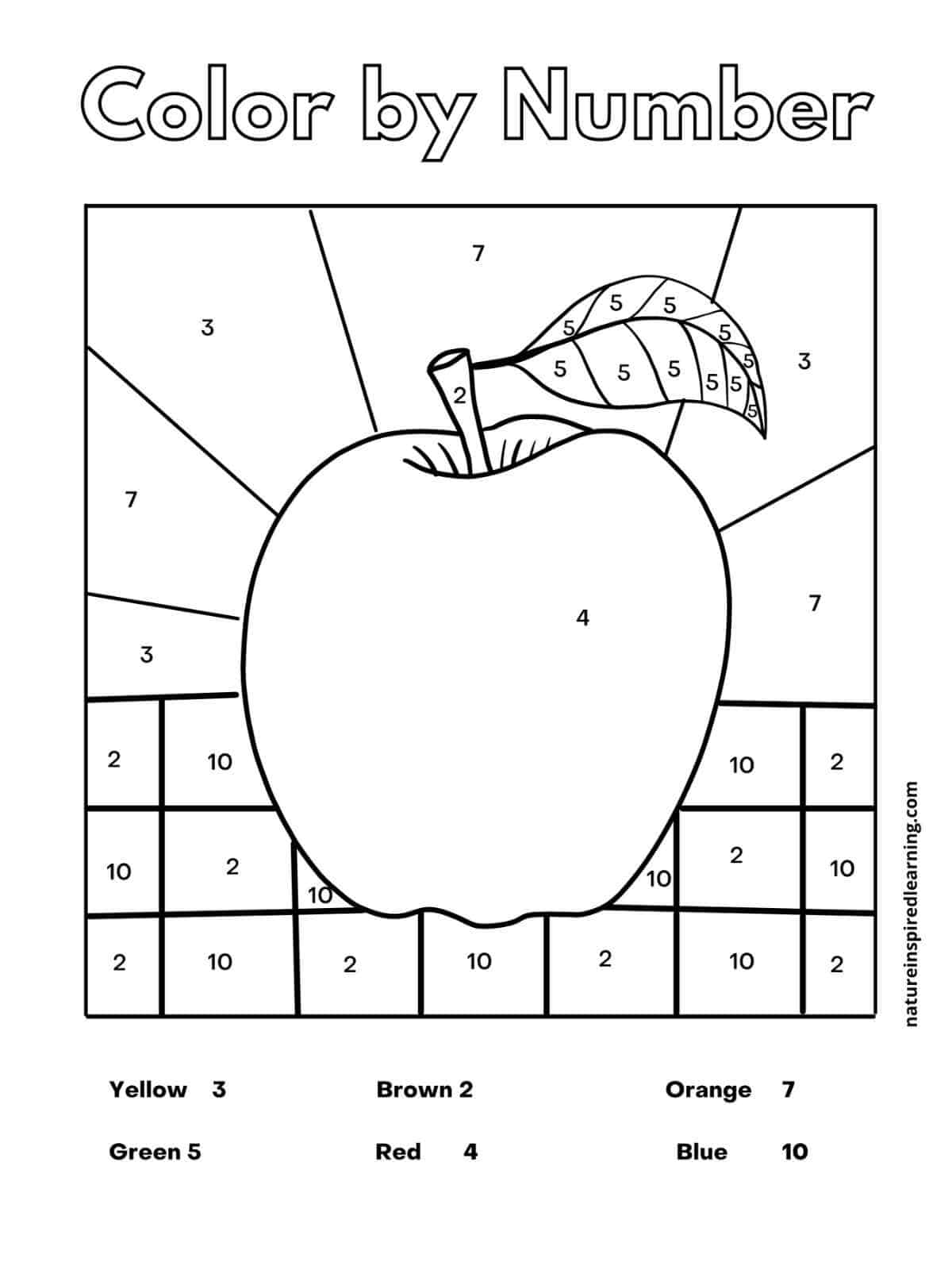Black and white worksheet with a large apple with a leaf in the middle of a square with diagonal lines and a square grid with little numbers in the image. Color key at bottom with Color by Number at top in outline form