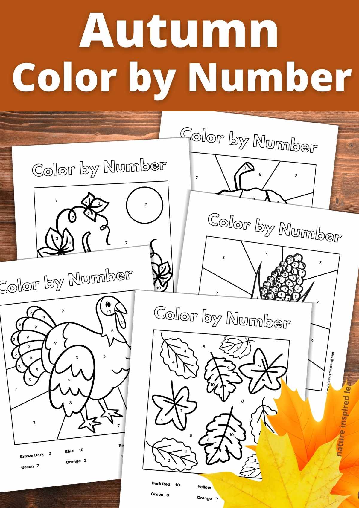 Five black and white fall color by number worksheets overlapping on a wooden background with a yellow and orange leaves bottom right with text overlay on orange background
