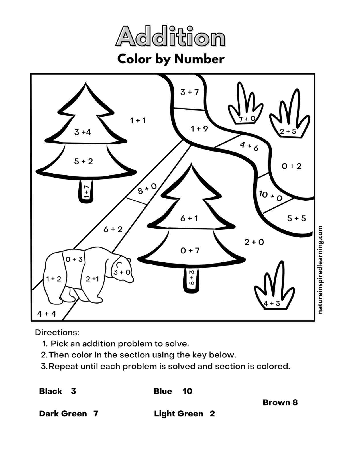 worksheet with color by number single digit addition with evergreen trees, a stream, and a bear.