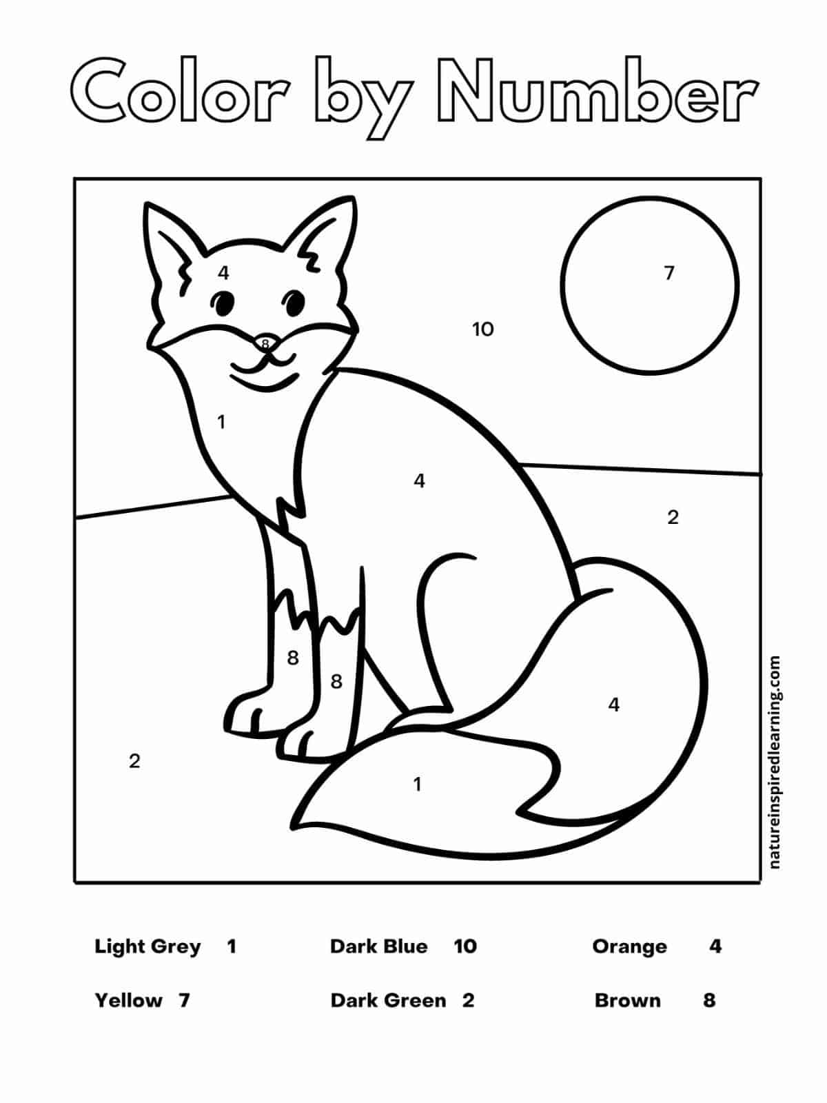 Black and white fox sitting in the open with a full moon numbers within the different parts of the image with a key across the bottom of the sheet. Color by Number written across the top in outline form.