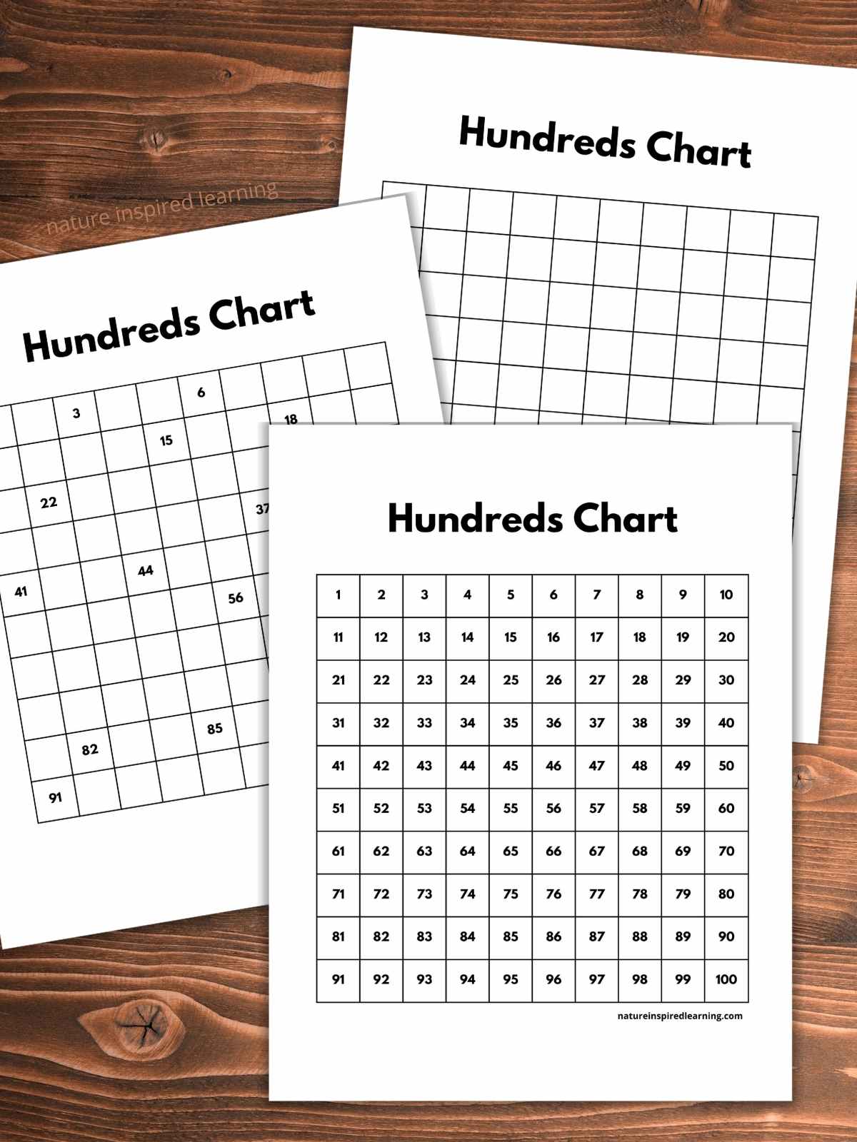 three black and white hundred charts overlapping on a wooden background. One with numbers 1 through 100, another with some numbers with blank squares, and the third with all blank squares.