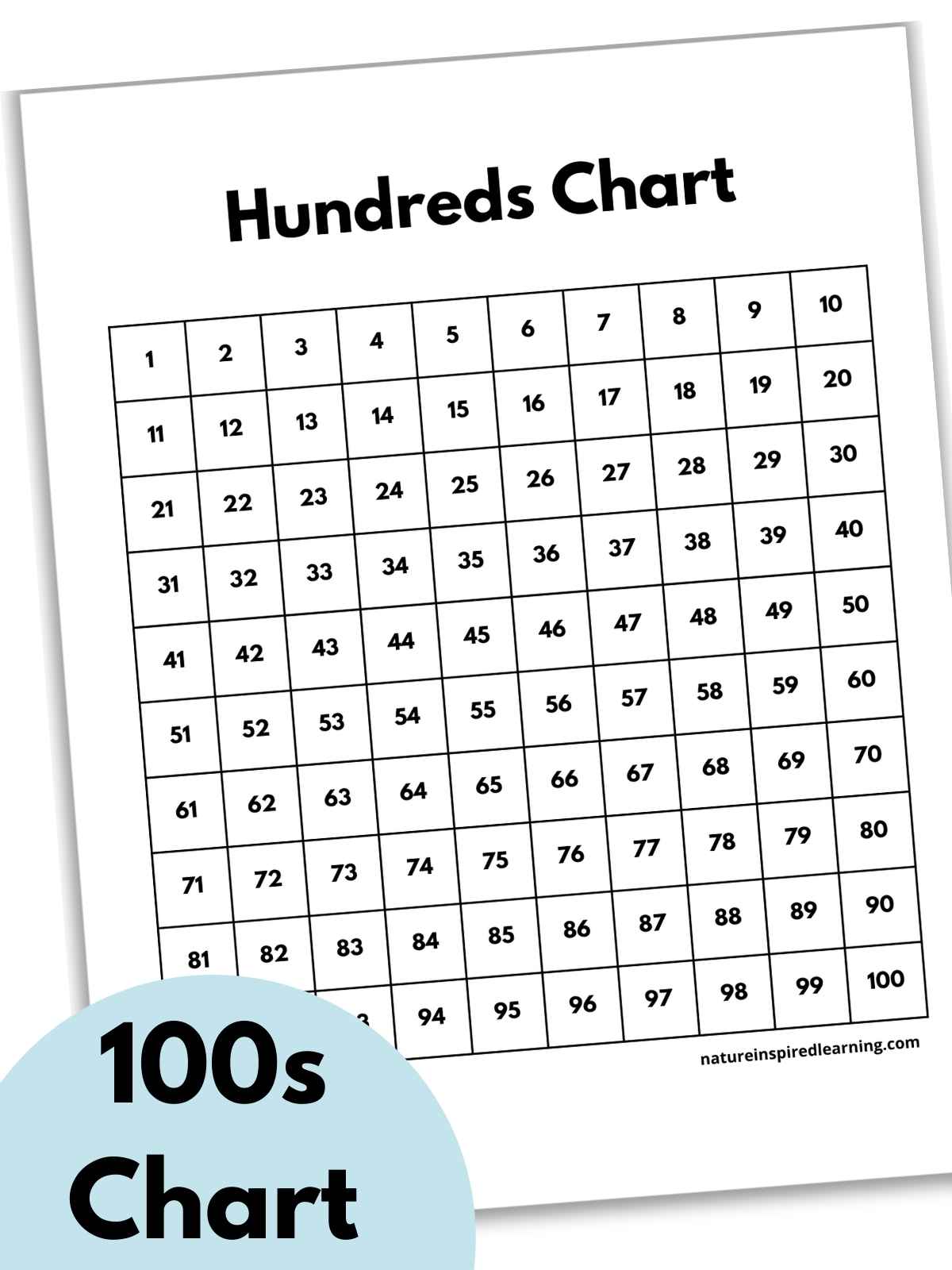 filled in hundred chart printable all black and white slanted with text overlay on top of printable on a light blue circle bottom left corner