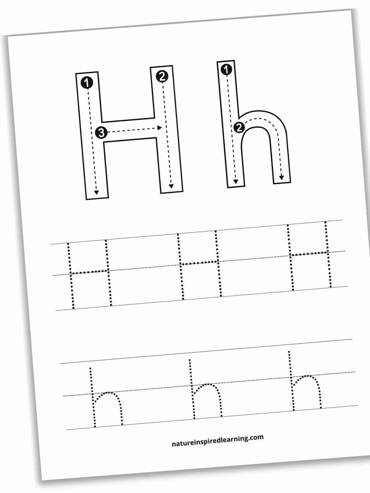 Worksheet with traceable capital and lowercase h's on the top half of the sheet with guidelines and arrows within the letters. Two sets of lines bottom half one with three dotted H's and one with three dotted h's.