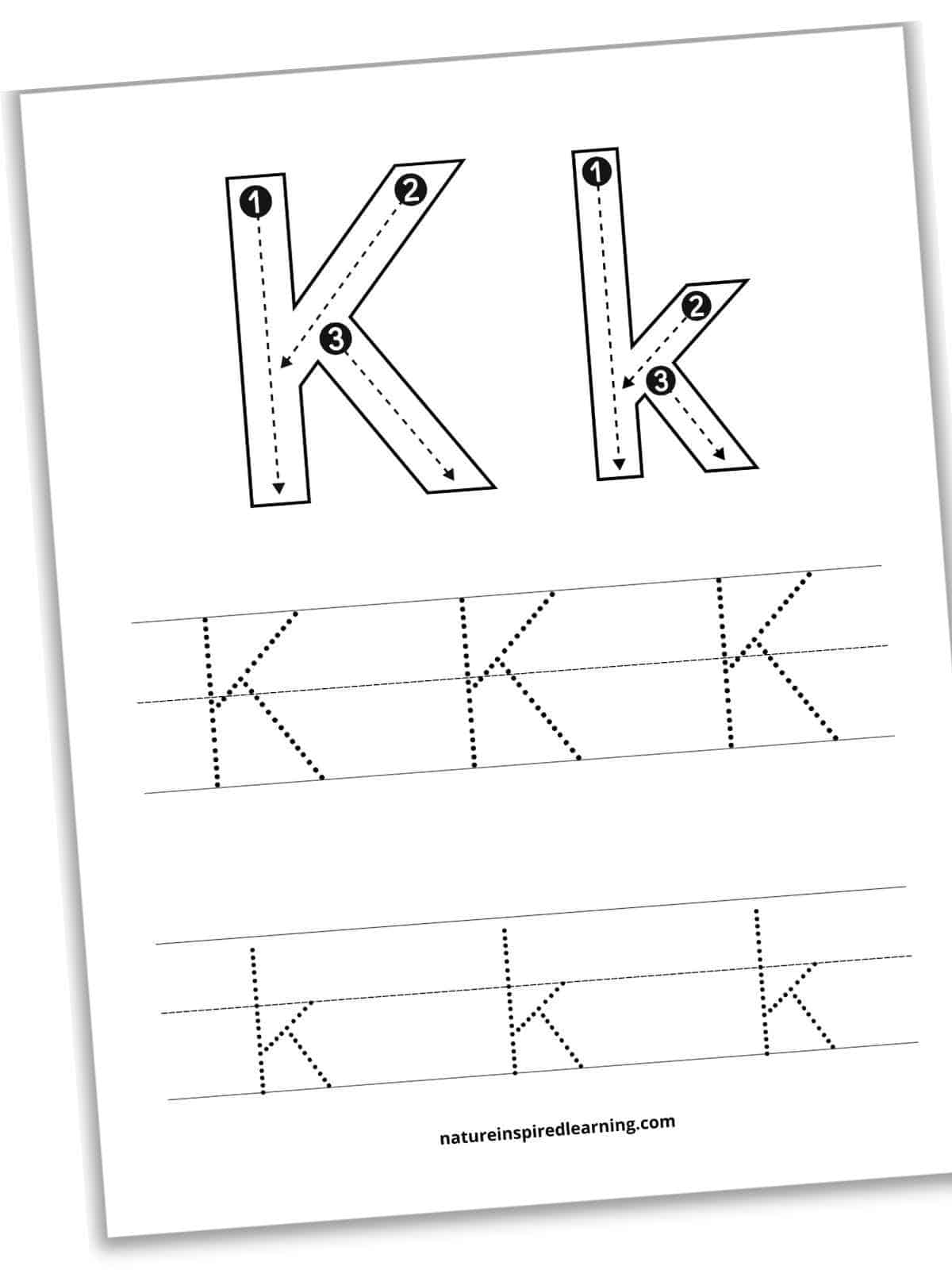 Worksheet with large outlines of K and k with dashed lines, arrows, and numbers for tracing inside each letter. Two sets of lines one with three uppercase K's in dotted font above a set with three dotted k's