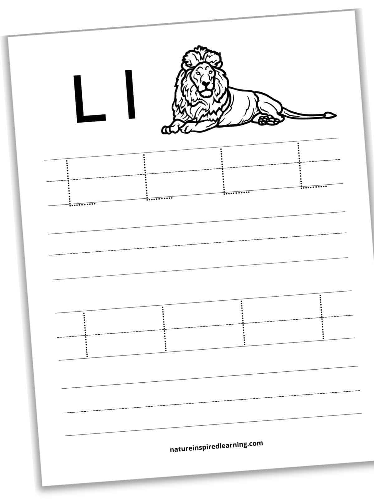 L l in bold next to a black and white lion laying down with a mane. Four sets of lines, one with four dotted L's, one blank set, one with four dotted l's and one black set across bottom.