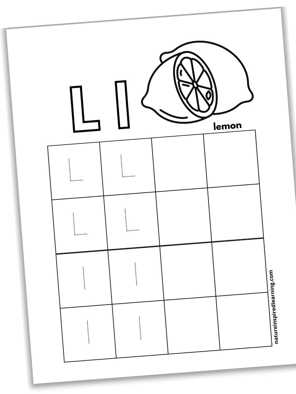 Worksheet with L l in outline form on top with a black and white lemon and half a lemon. Grid on sheet with four dotted L's and four dotted l's and eight blank boxes