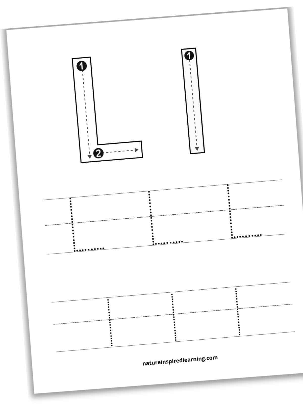 Black and white worksheet with large L and l on the top half in outline form with guidelines, numbers, and arrows within each letter. One set of lines below with three L's in dotted font with another set of lines below with three l's in dotted font.