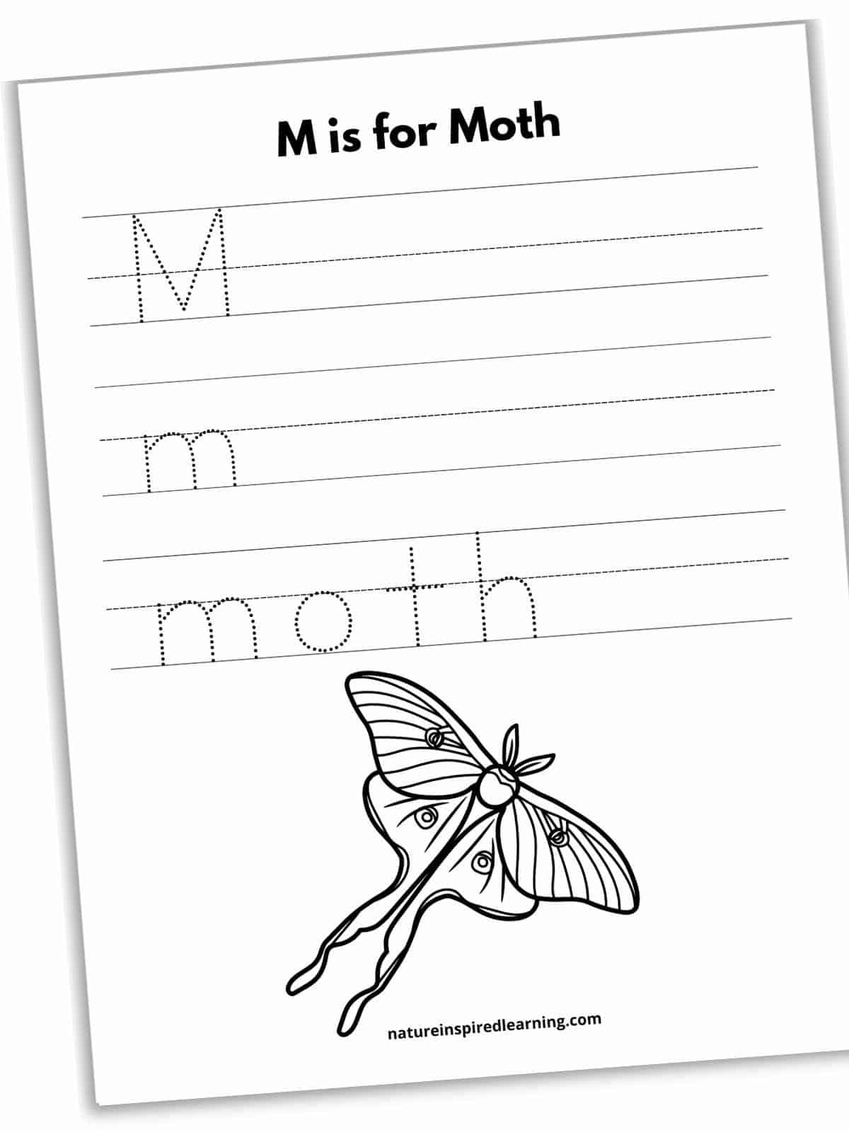 Black and white worksheet with M is for Moth across the top with three sets of lines below with a large moth at the bottom. Traceable M on the first set of lines then m on the next along with moth written in dotted font.