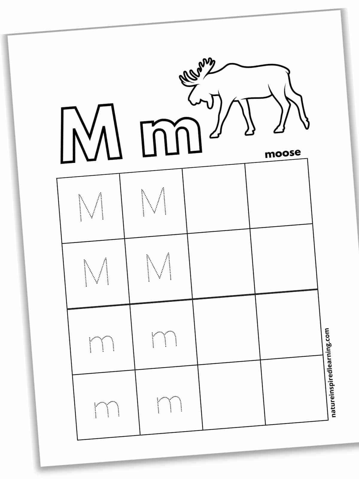 Black and white worksheet with capital and lowercase M's in outline form across the top with an outline of a moose. Grid below with traceable letters: four capital M's, four lowercase m's, and eight blank boxes.