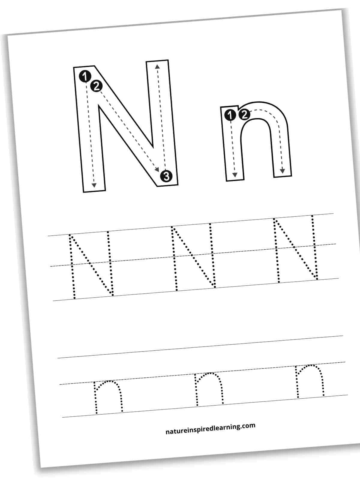 Black and white worksheet with large N n in outline form with guidelines, arrows, and numbers for tracing within each above two sets of lines with letter n's in a dotted font