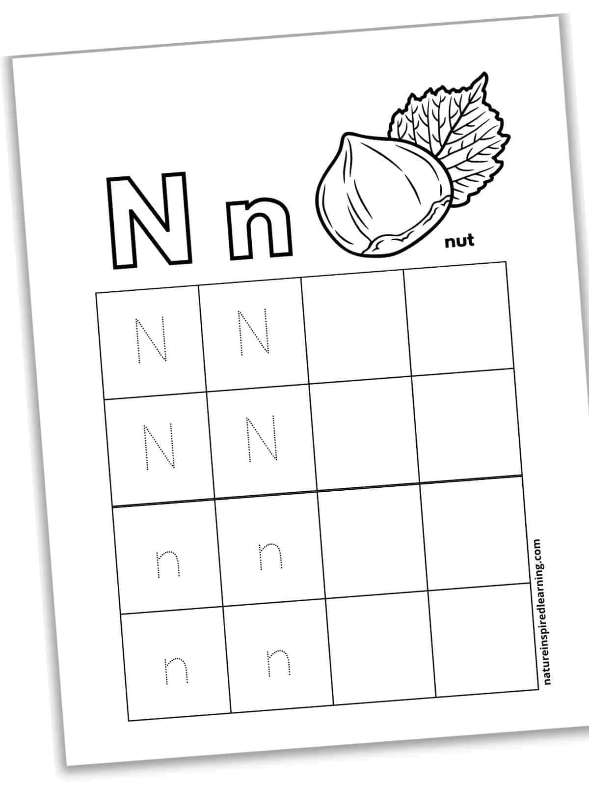 Worksheet with N n in outline form next to a nut with a leaf across the top with square grids below with dotted N's and n's and blank squares