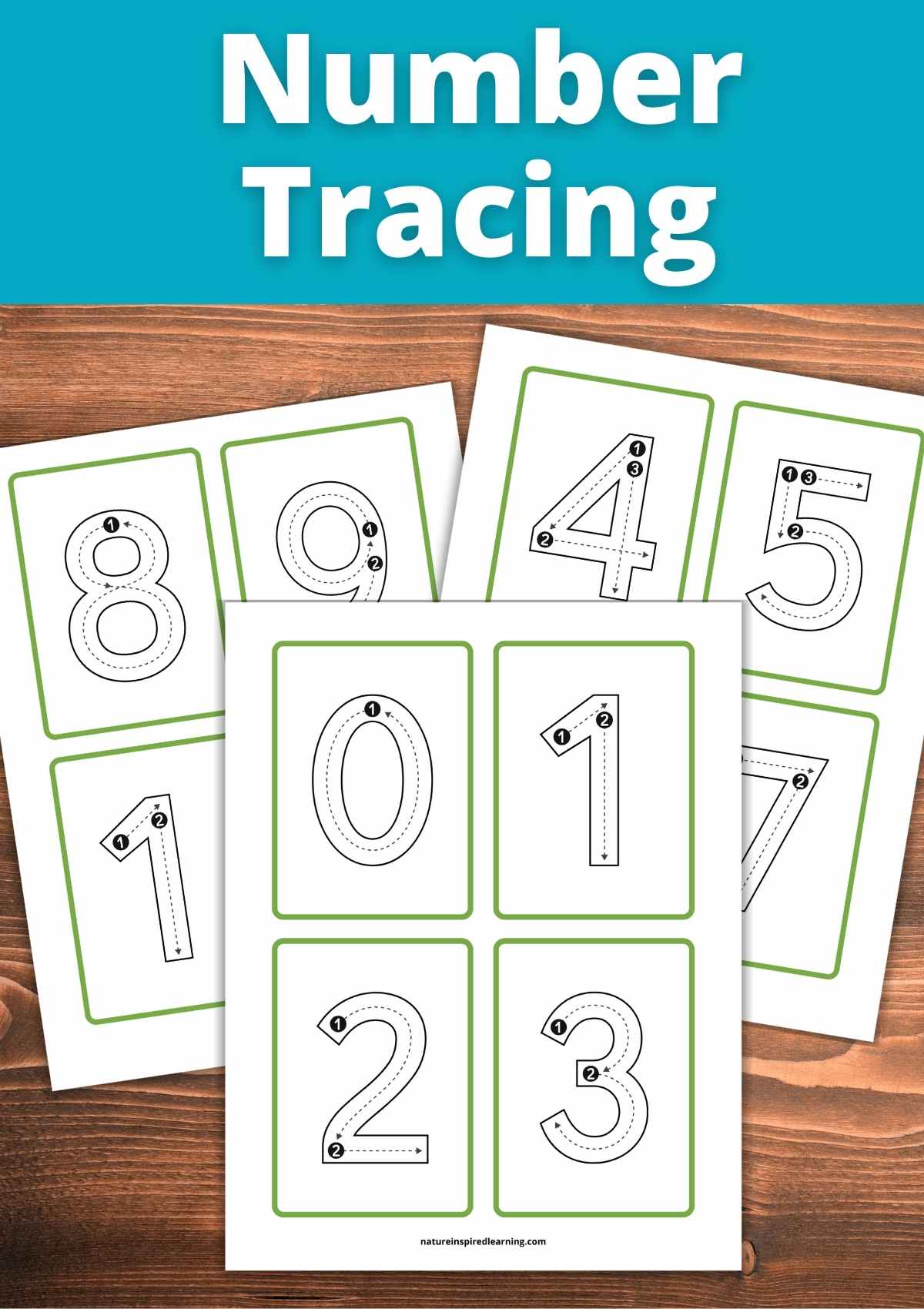 set of three printables with four number cards on each with green outlines and black text overlapping on a wooden background. Text overlay over a blue background across top.