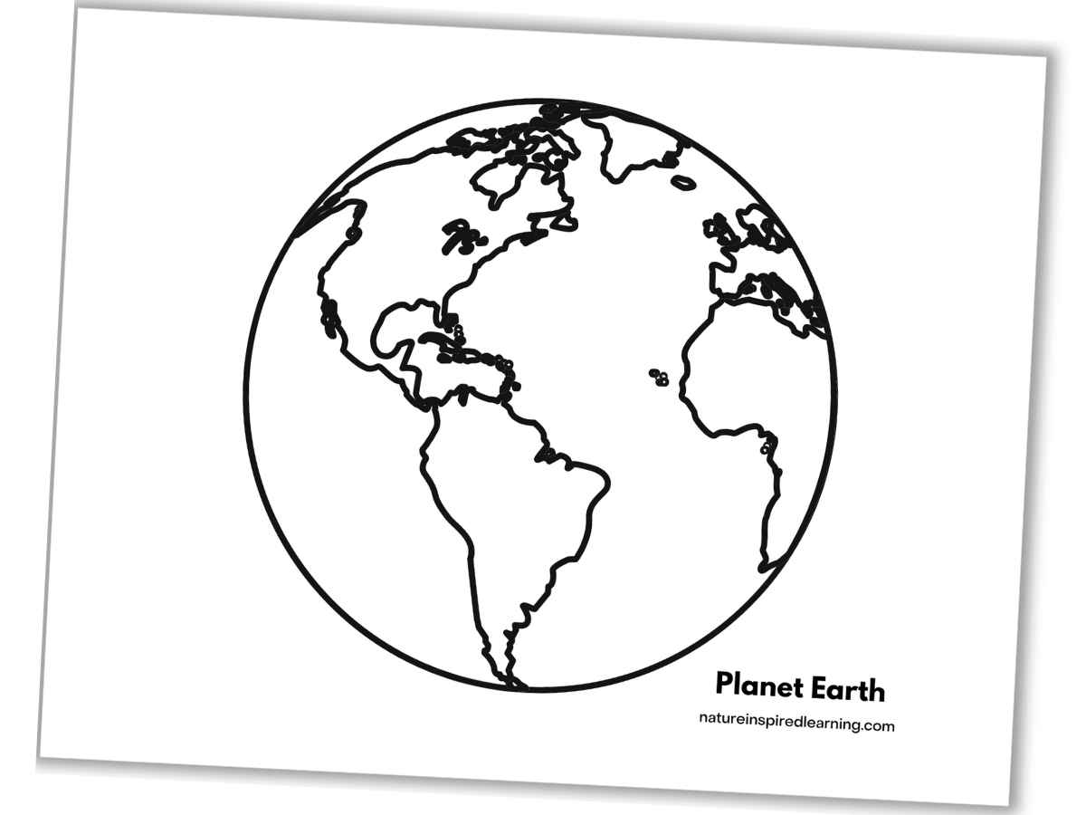 Coloring page slanted with a large detailed black and white Earth