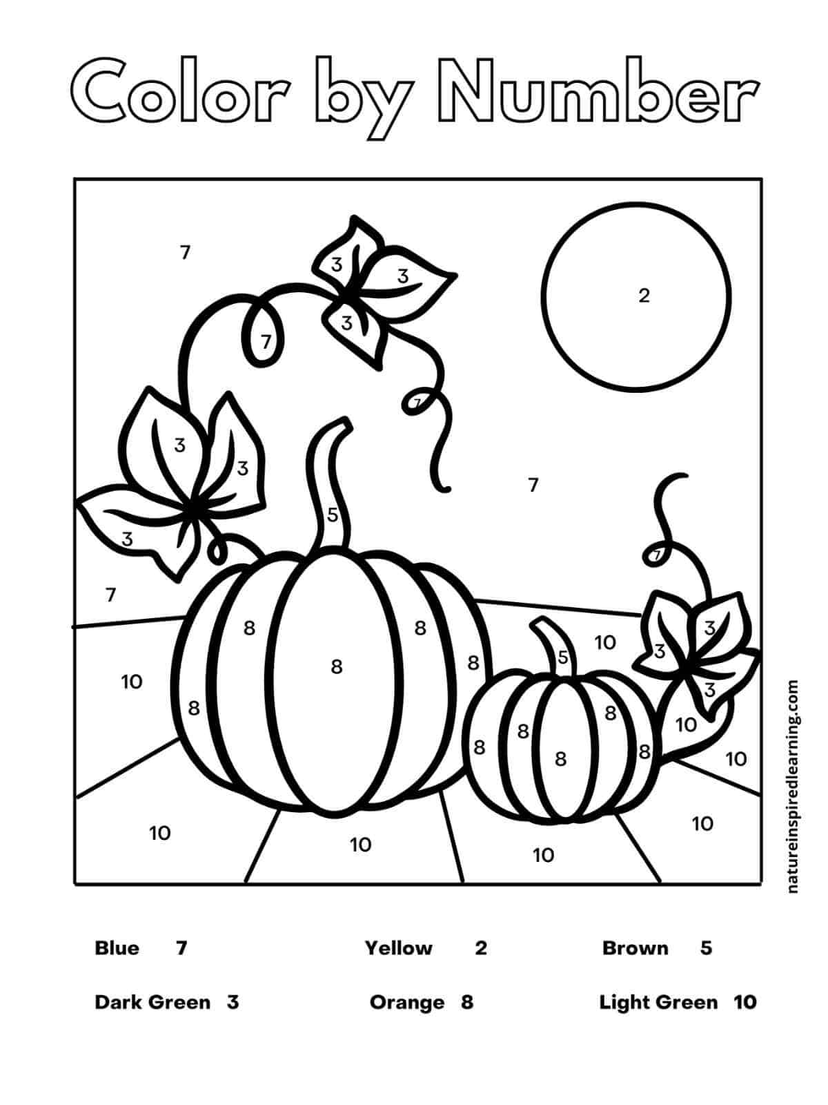Black and white worksheet with two pumpkins and vine with a full moon with numbers in the image. Color by Number across the top with a color key at bottom