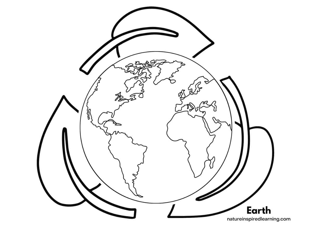 Detailed black and white earth with three large leaves circling around it