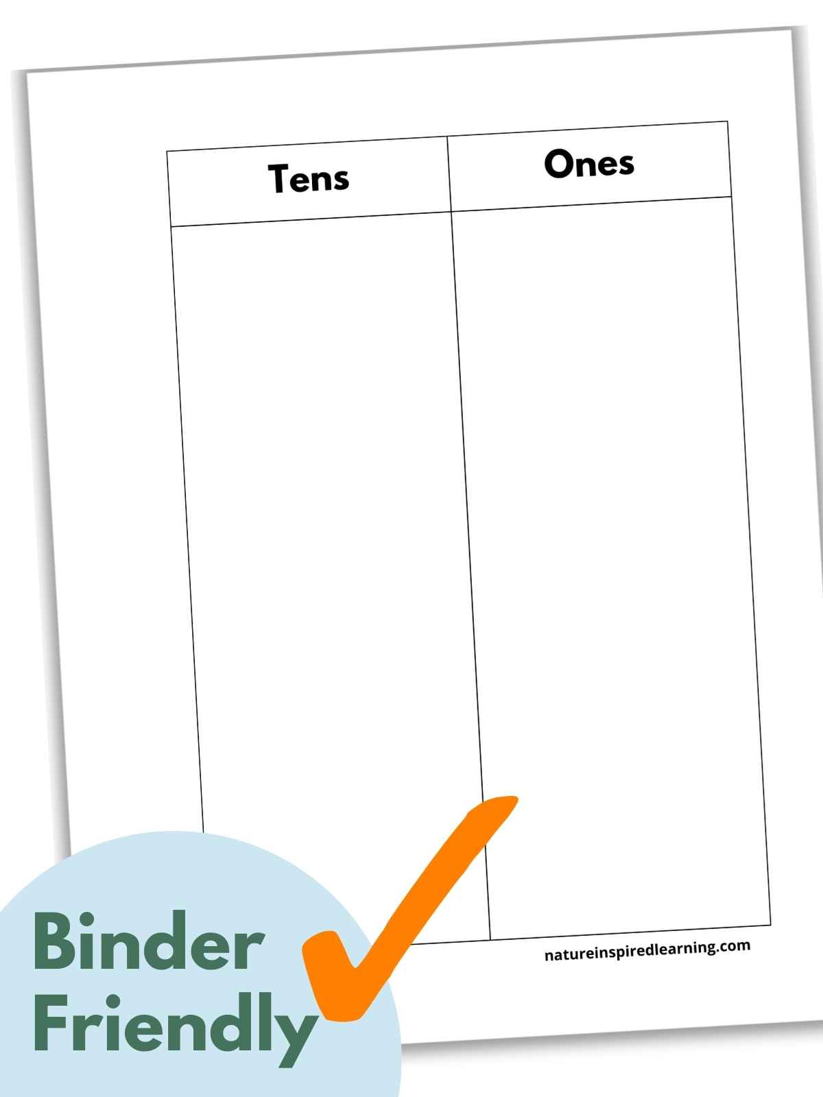 Black and white tens and ones chart. Printable slanted with a light blue half circle in the bottom left corner with text overlay and an orange check mark
