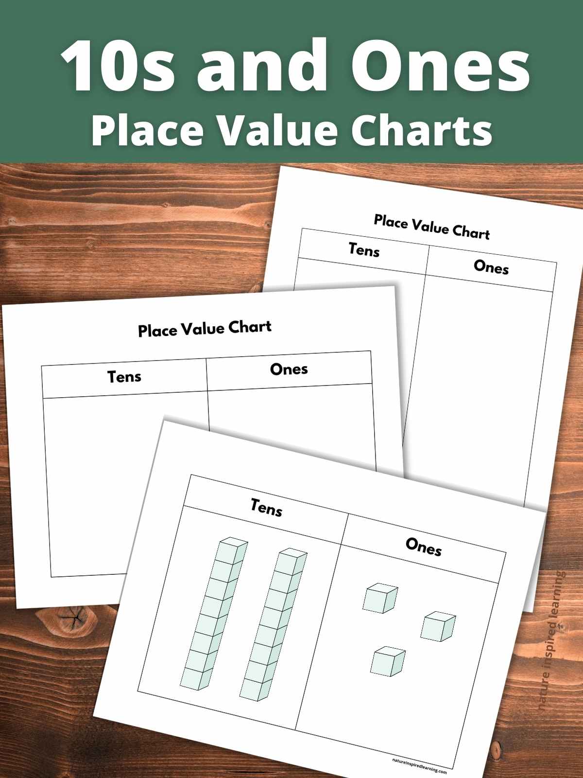 three basic black and white tens and ones place value charts overlapping on a wooden background. Two tens cubes and three ones cubes on one printable. Text overlay across the top over a green background