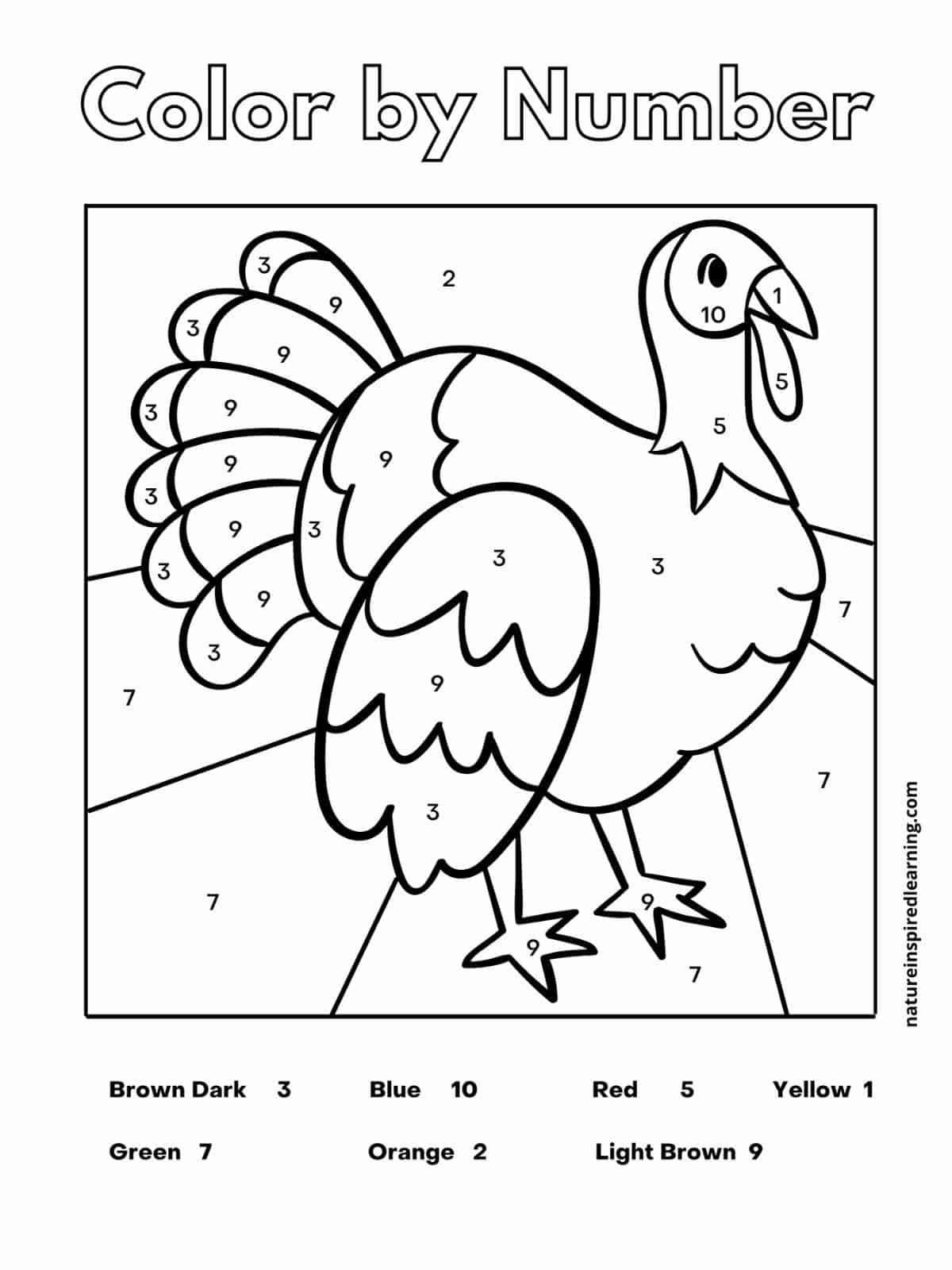 Black and white worksheet with Color by Number across the top in outline form with a large turkey within a square with numbers in different sections of the bird with a color key at the bottom.
