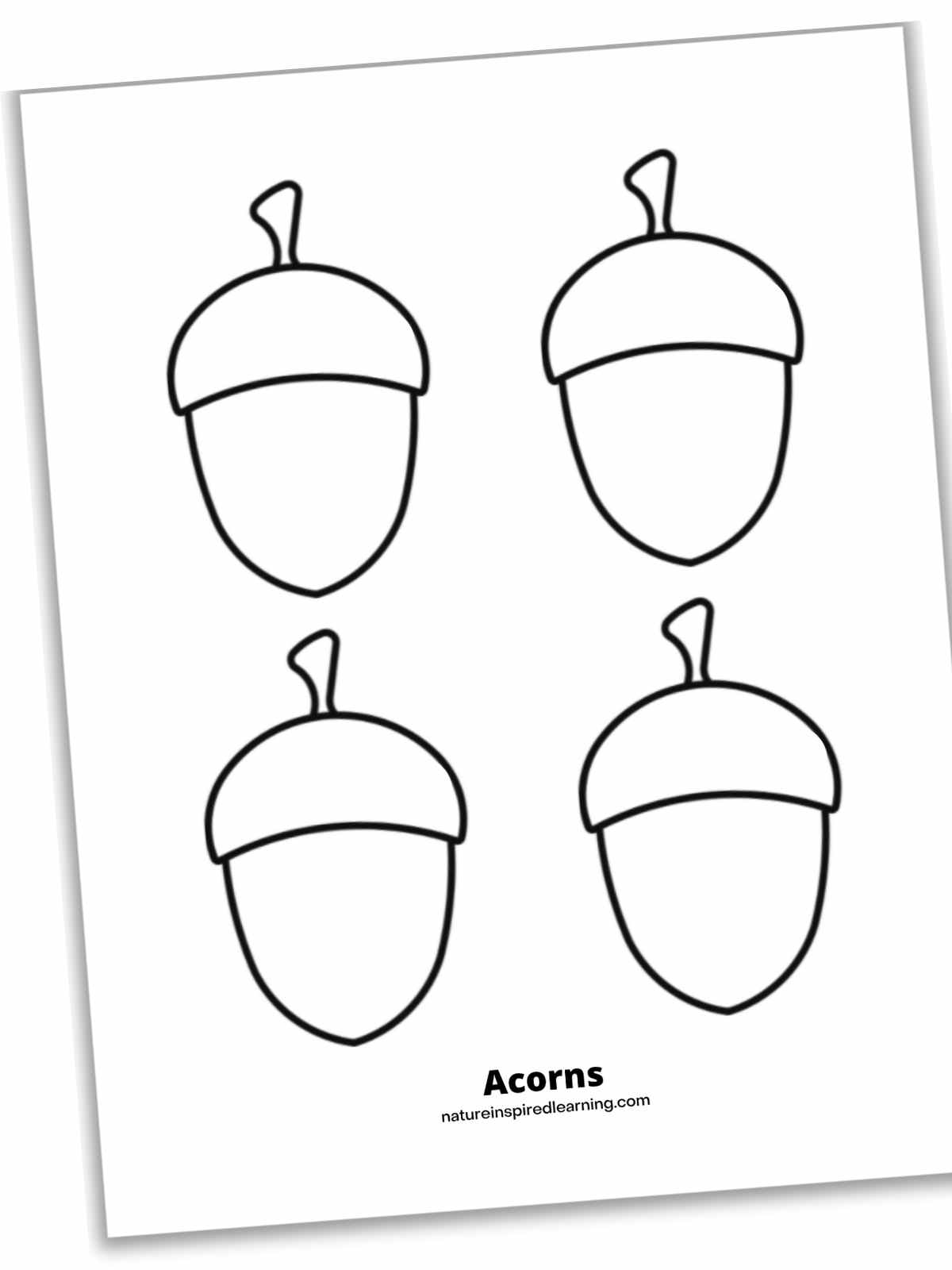 four black and white outlines of acorns