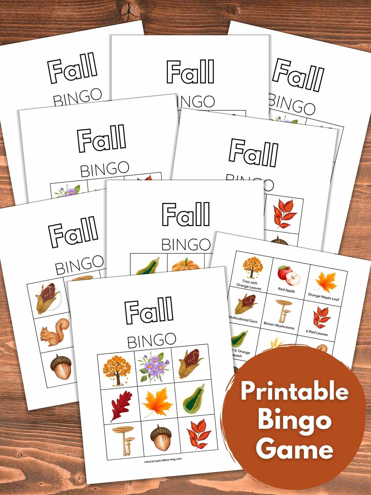 set of printable fall bingo cards and calling cards overlapping on a wooden background with orange circle bottom right with text overaly