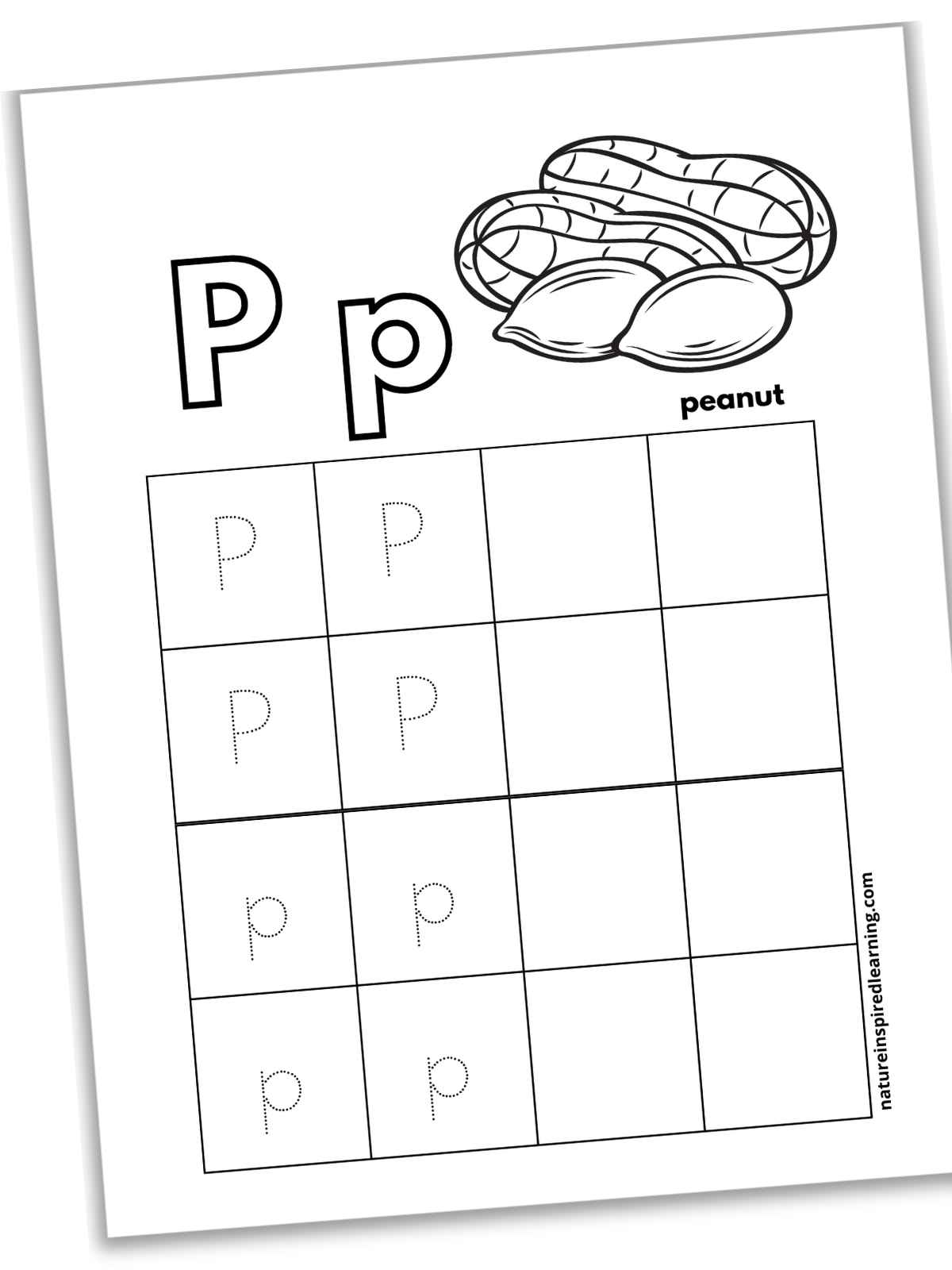 Worksheet with square grids with traceable P and p's and blank boxes. Outlines of P p at top next to peanuts
