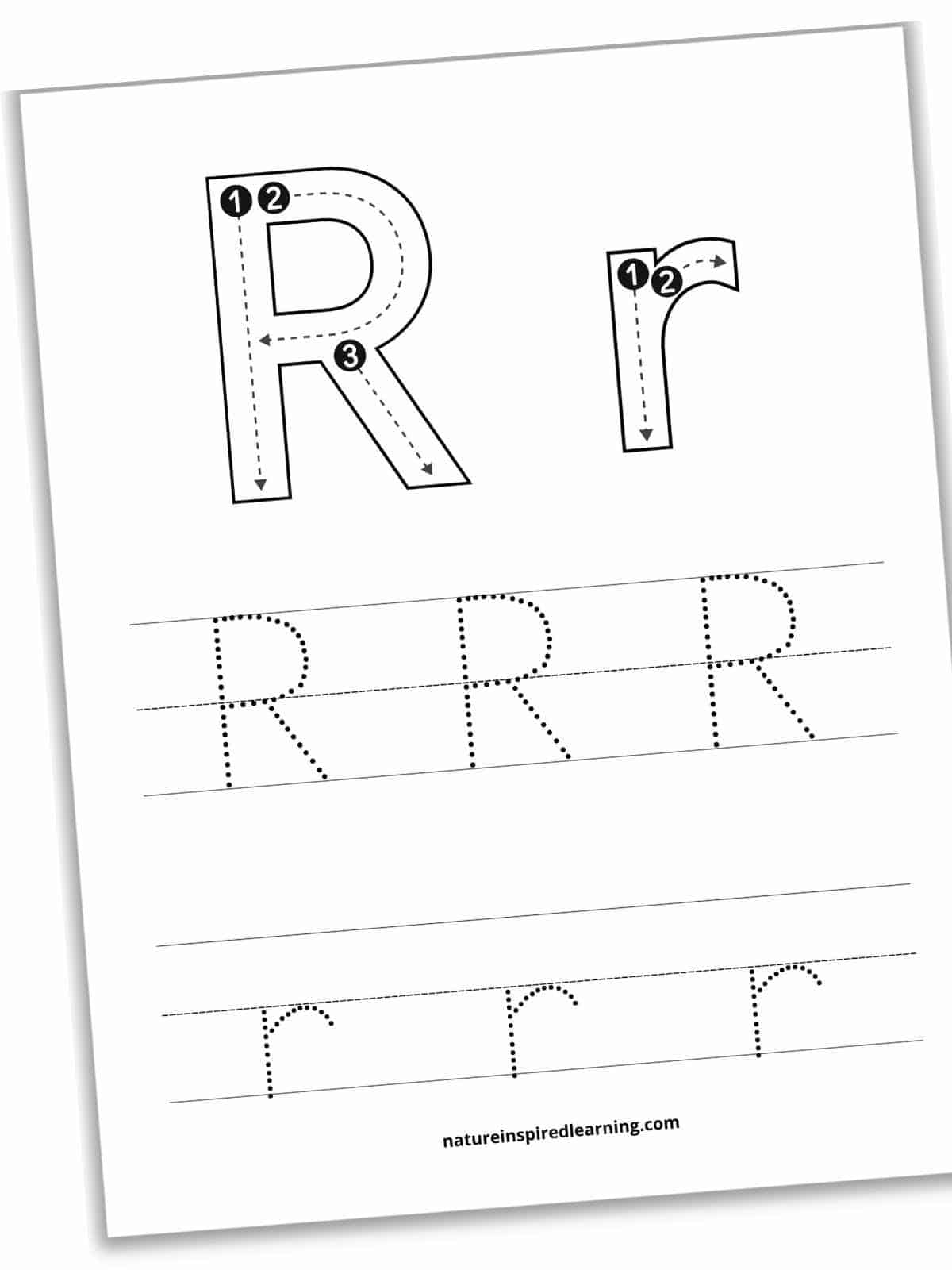 Worksheet with large R and r with dashed lines, arrows, and numbers inside above two sets of lines with traceable letters