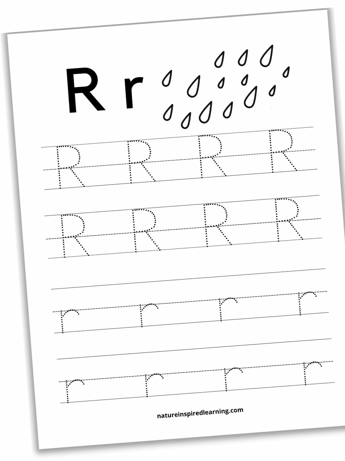 Worksheet with lines with dotted capital and lowercase r's with raindrops at top