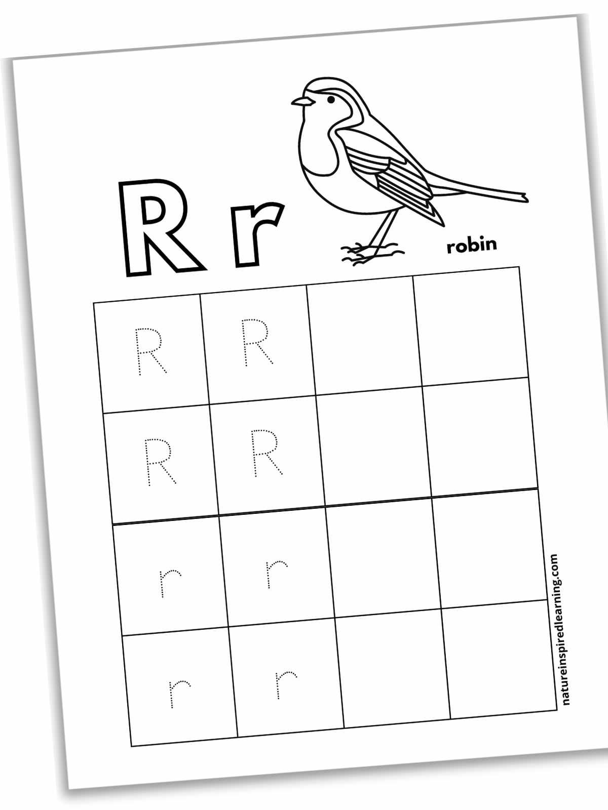 Worksheet with a square grids and dotted letters next to blank squares. Outline of R r next to a black and white robin at top.