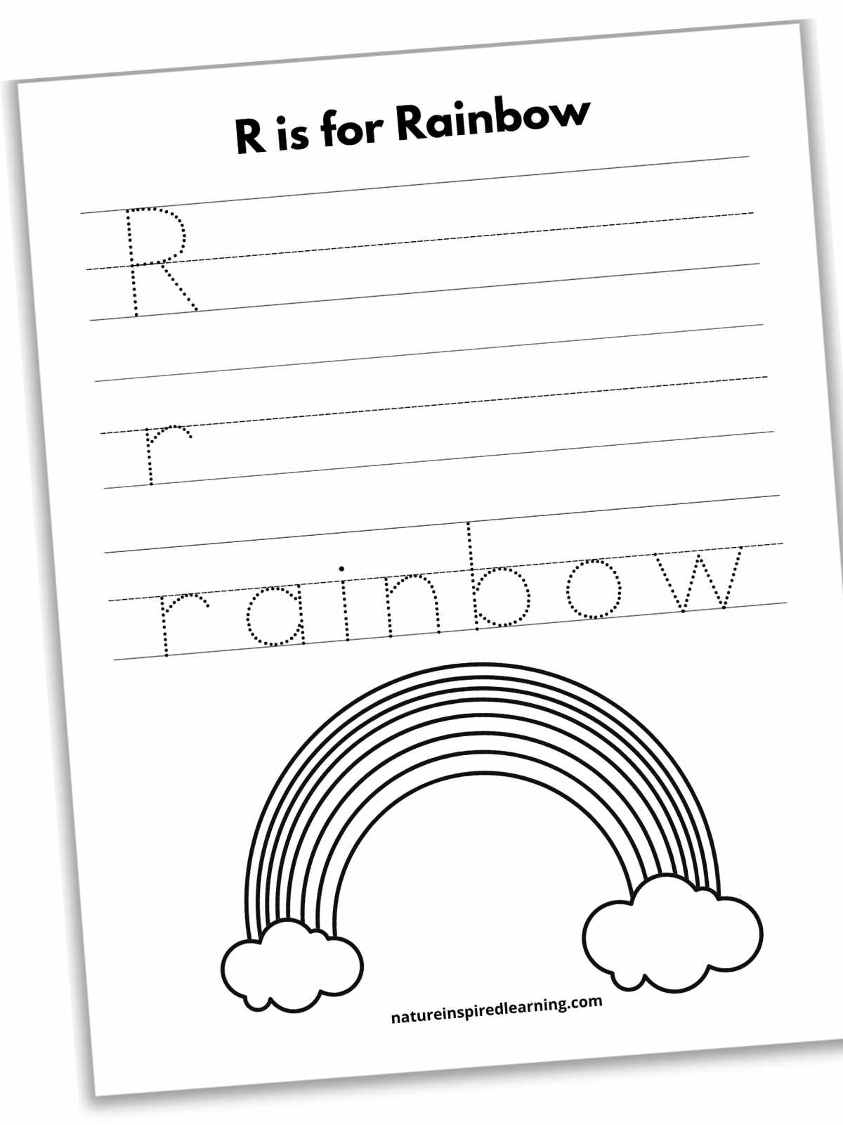R is for Rainbow worksheet with capital and lowercase r's to trace on lines and a large black and white rainbow with clouds on bottom