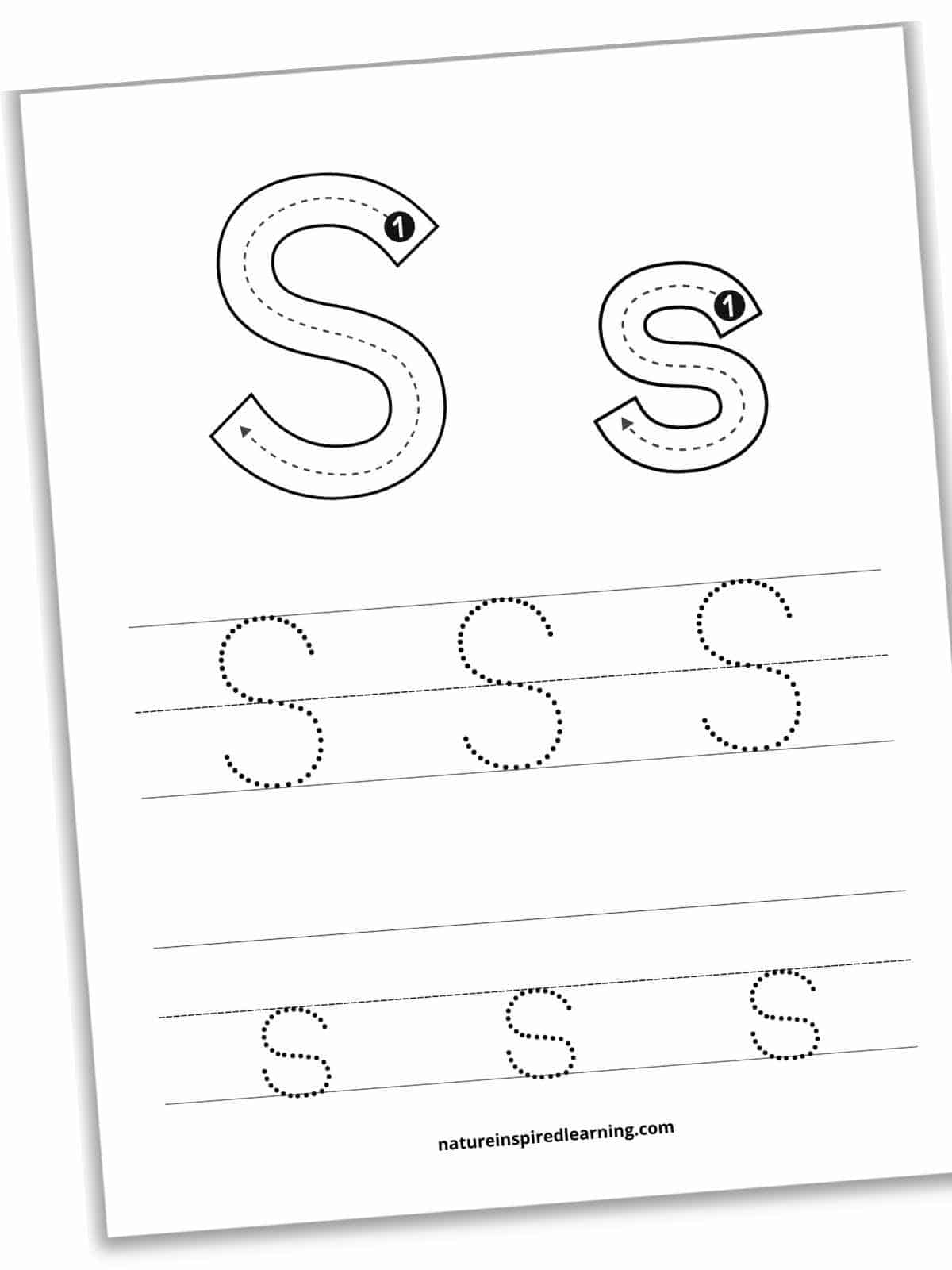 Worksheet with two large S's at top with guidelines, arrows, and numbers inside with lines with dotted letters below.