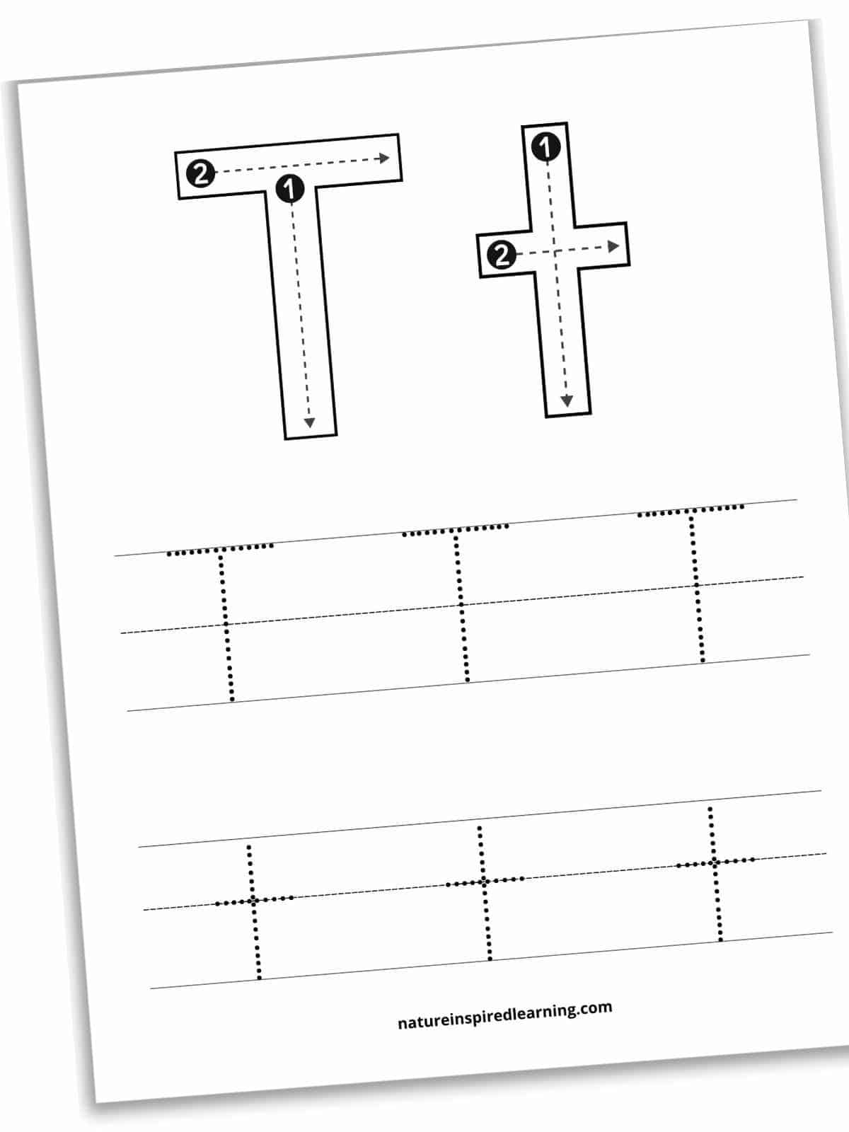 worksheet with large outlines of T and t with lines, numbers and arrows inside. Two sets of lines below with dotted T's and t's