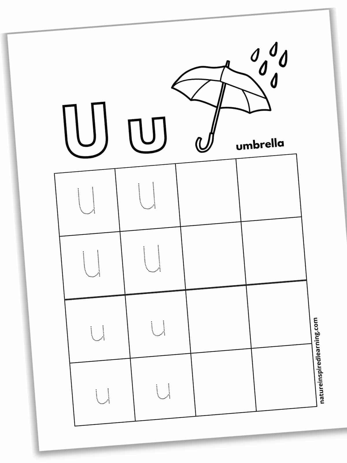 Worksheet with a black and white umbrella with rain next to outlines of U u. Large grid with squares below with dotted U's, u's, and blank boxes.