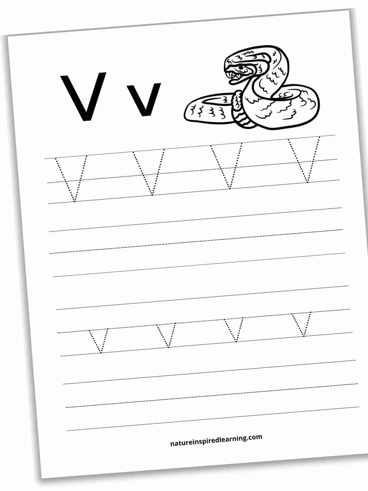Worksheet with black and white viper snake at the top with lines and letter V and v's in dotted font