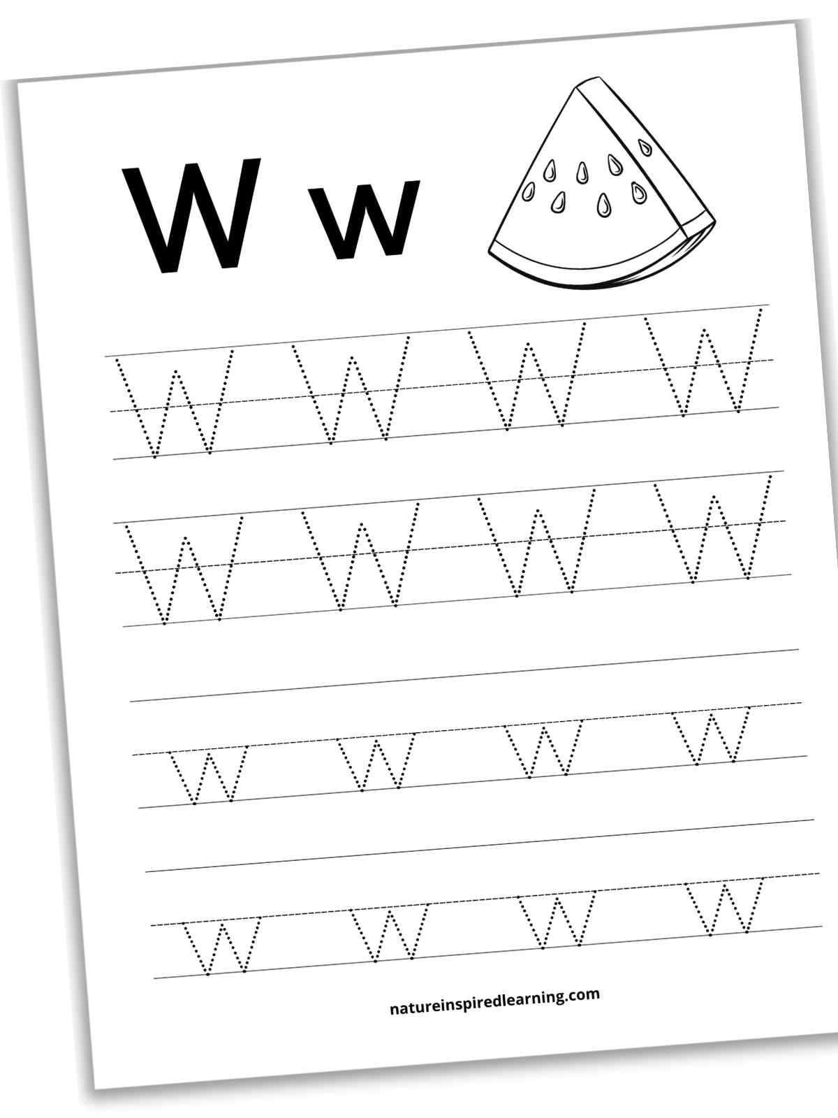worksheet with four sets of lines two with capital W's and two with lowercase w's in dotted font. Black and white watermelon slice upper right