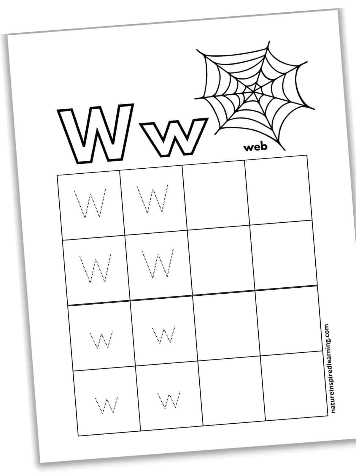 worksheet with large square grid with dotted W's, w's, and blank boxes below a spider web and outlines of W and w