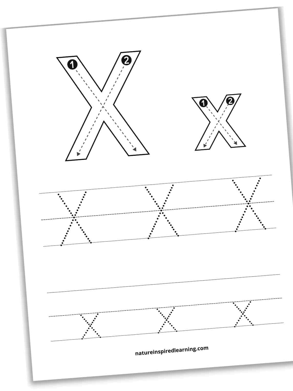 worksheet with large X x outlines with numbers, arrows, and dashed within each letter above two sets of lines with dotted letter X and x's