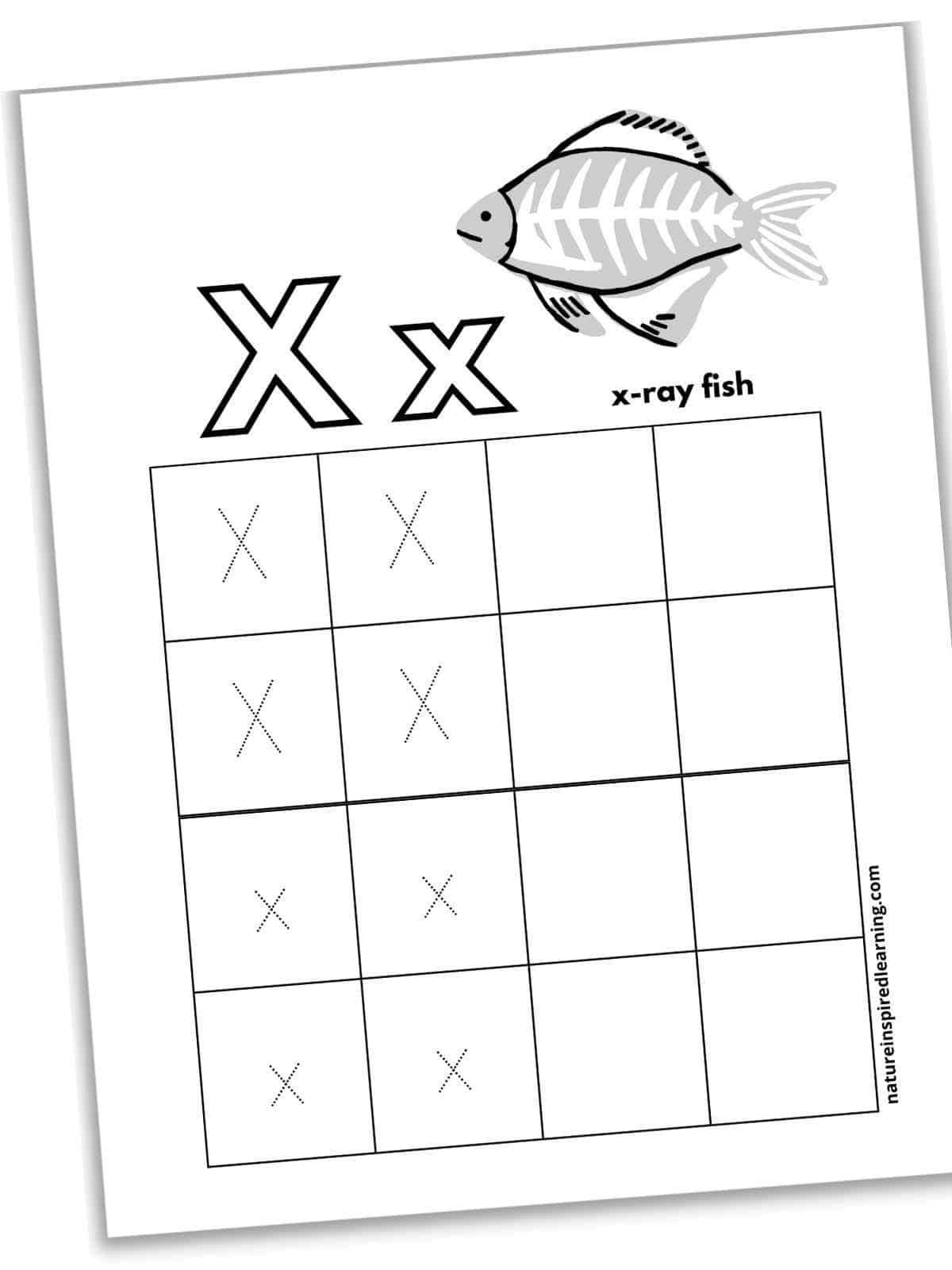 worksheet with X x in dotted font with in square boxes below a black and white x-ray fish