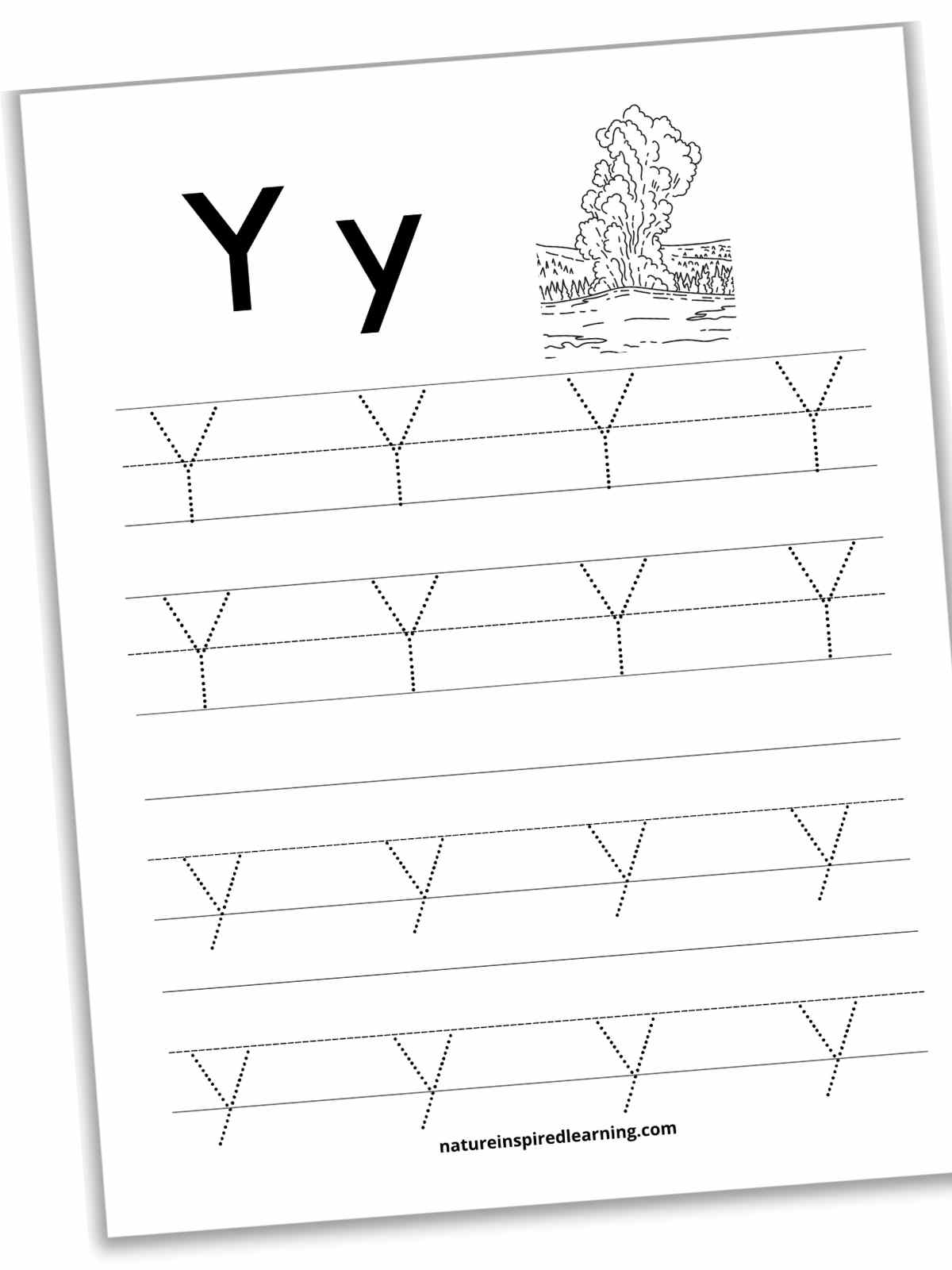 worksheet with four sets of lines, two with uppercase y's and two with lowercase y's with a Yellowstone scene at the top