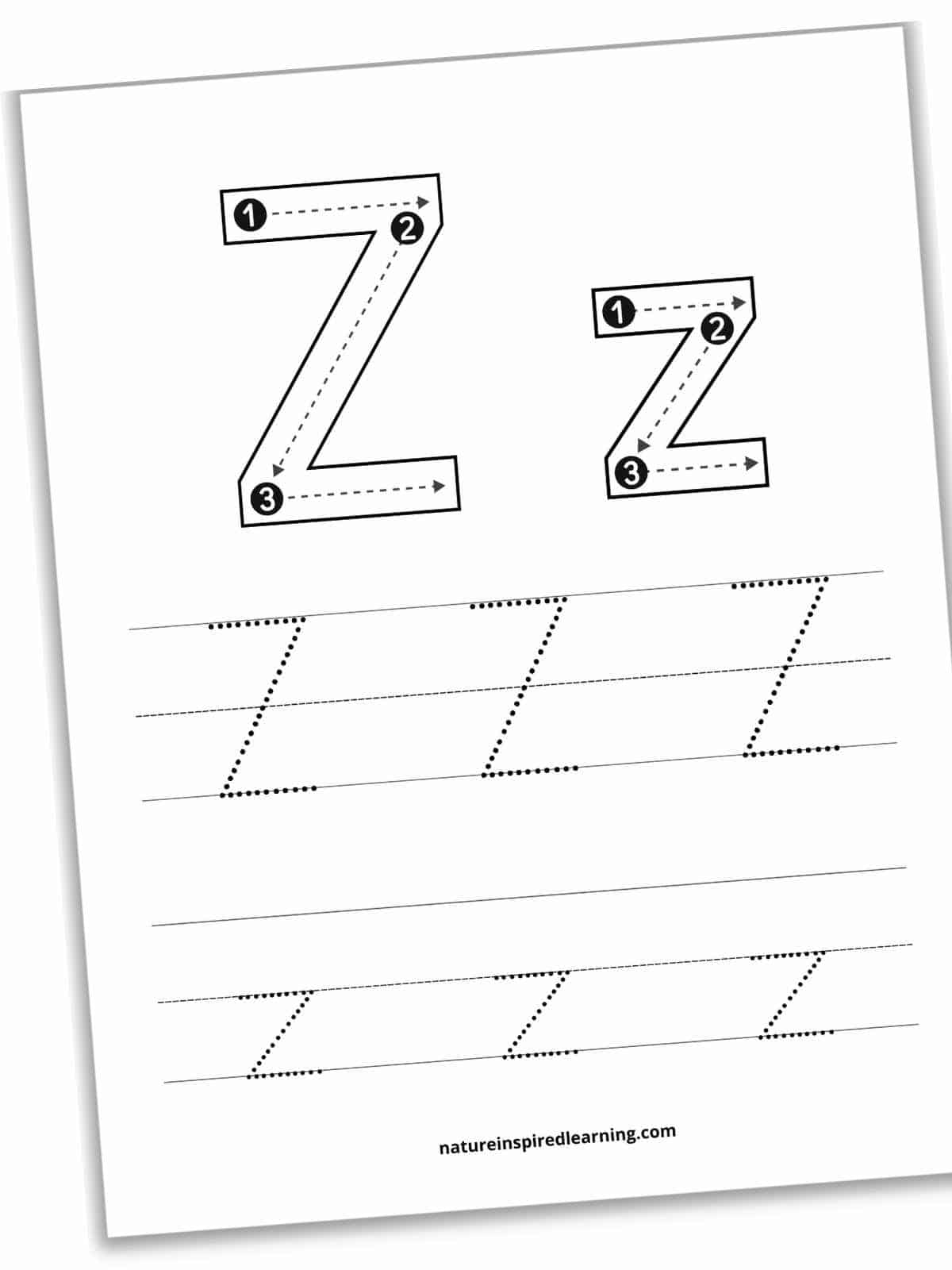 worksheet with a large Z and z with numbers, dashes, and arrows within each large letter. Two lines with z's in dotted font below.